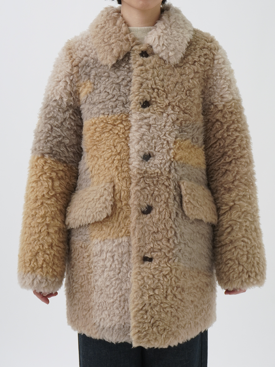 ウールボア ブロック柄 ワイド襟コート