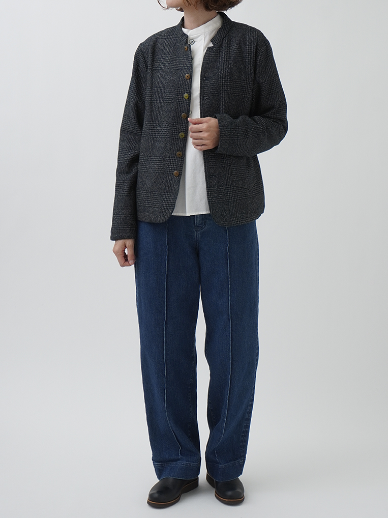 撚り杢インディゴコットンツィード スタンド襟ジャケット