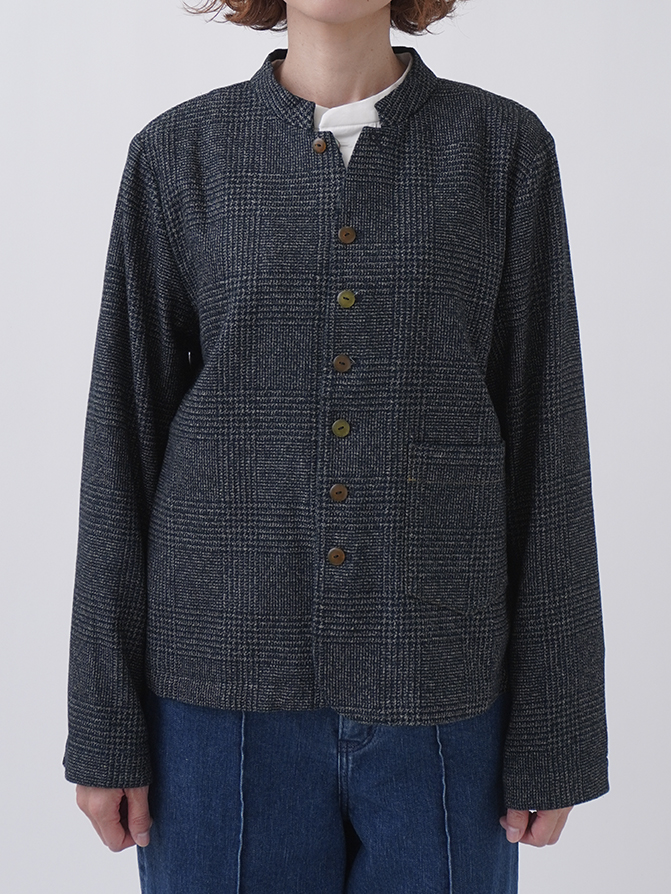 撚り杢インディゴコットンツィード スタンド襟ジャケット
