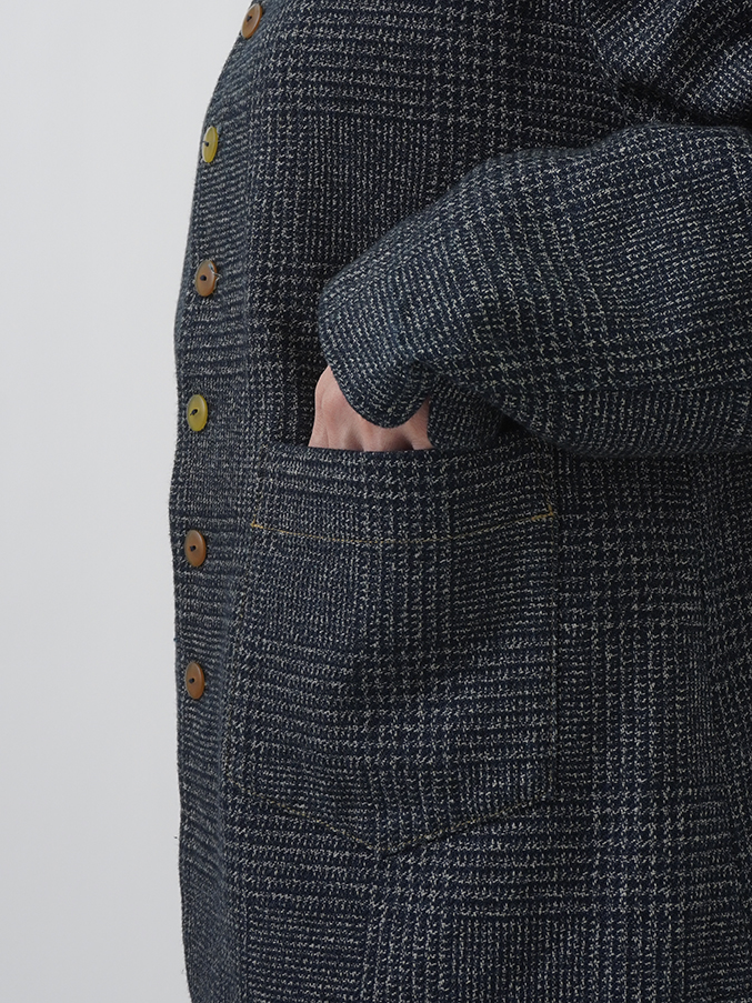 撚り杢インディゴコットンツィード スタンド襟ジャケット