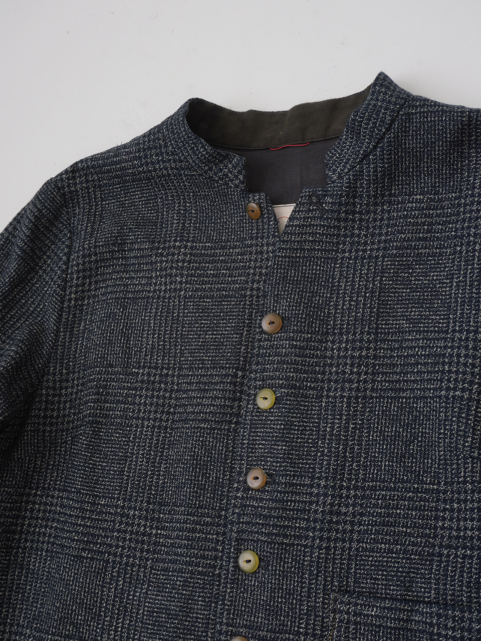 X*X様 INDIGO STRIPE WAIST COAT”MADE IN IT 撚り杢インディゴコットンツィード スタンド襟ジャケット