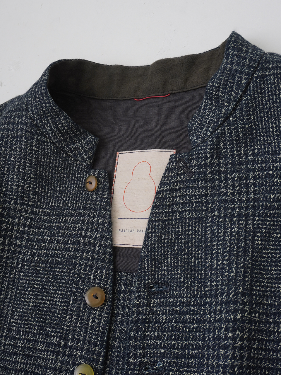 撚り杢インディゴコットンツィード スタンド襟ジャケット