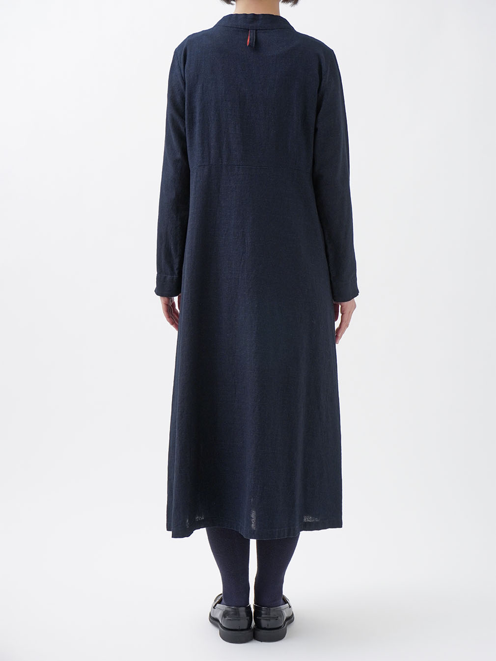 16／－インディゴガーゼ ボトル襟ワンピース