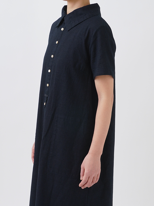 16／－インディゴガーゼ スタンド襟ワンピース
