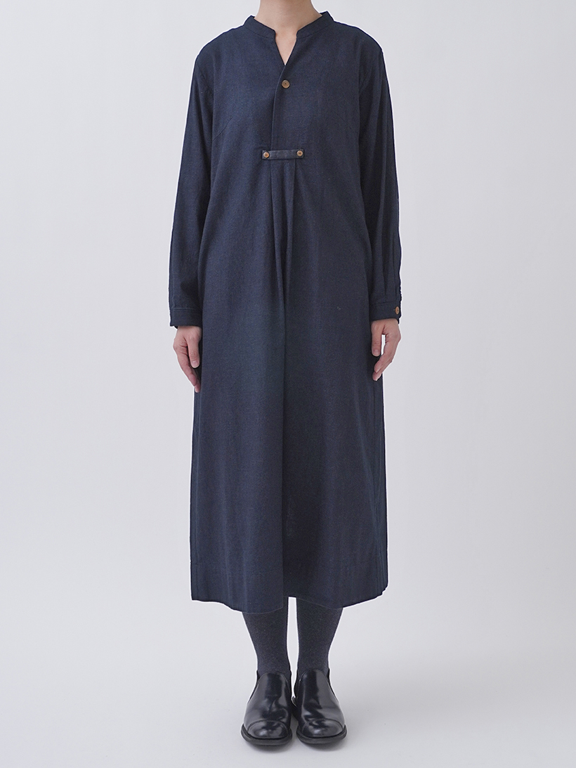 16／－インディゴガーゼ スタンド襟ワンピース