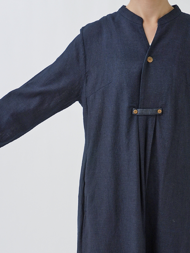 16／－インディゴガーゼ スタンド襟ワンピース