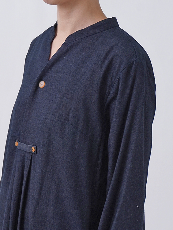 16／－インディゴガーゼ スタンド襟ワンピース