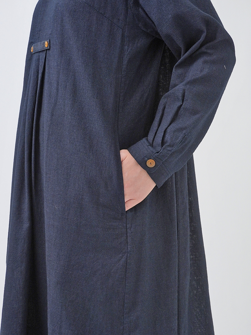 16／－インディゴガーゼ スタンド襟ワンピース