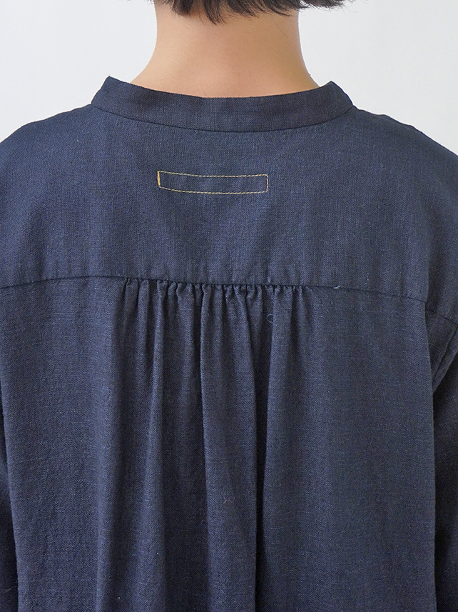 16／－インディゴガーゼ スタンド襟ワンピース