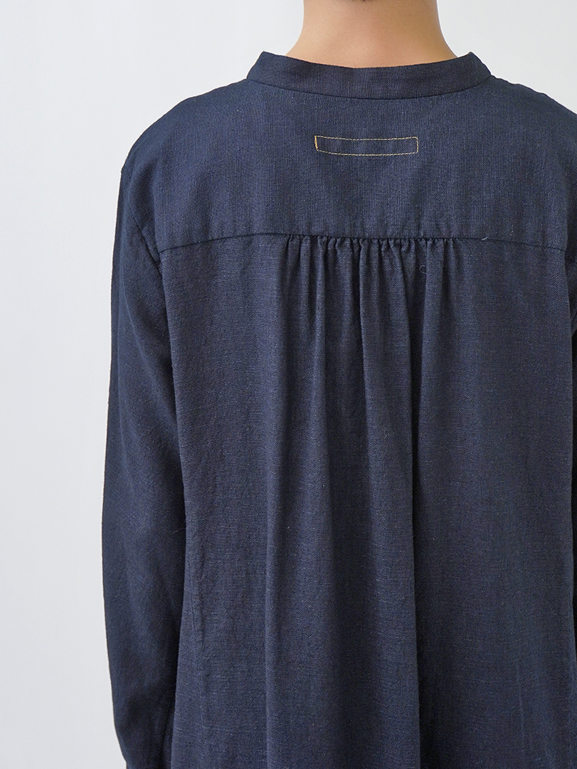 16／－インディゴガーゼ スタンド襟ワンピース