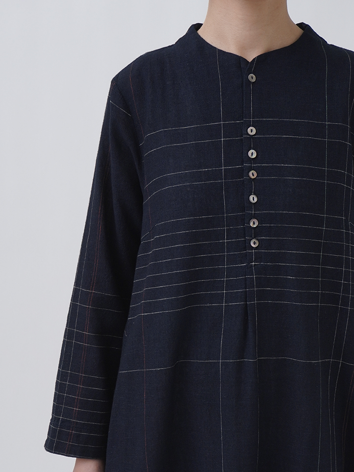 16／－インディゴガーゼペンチェック ボトル襟ワンピース