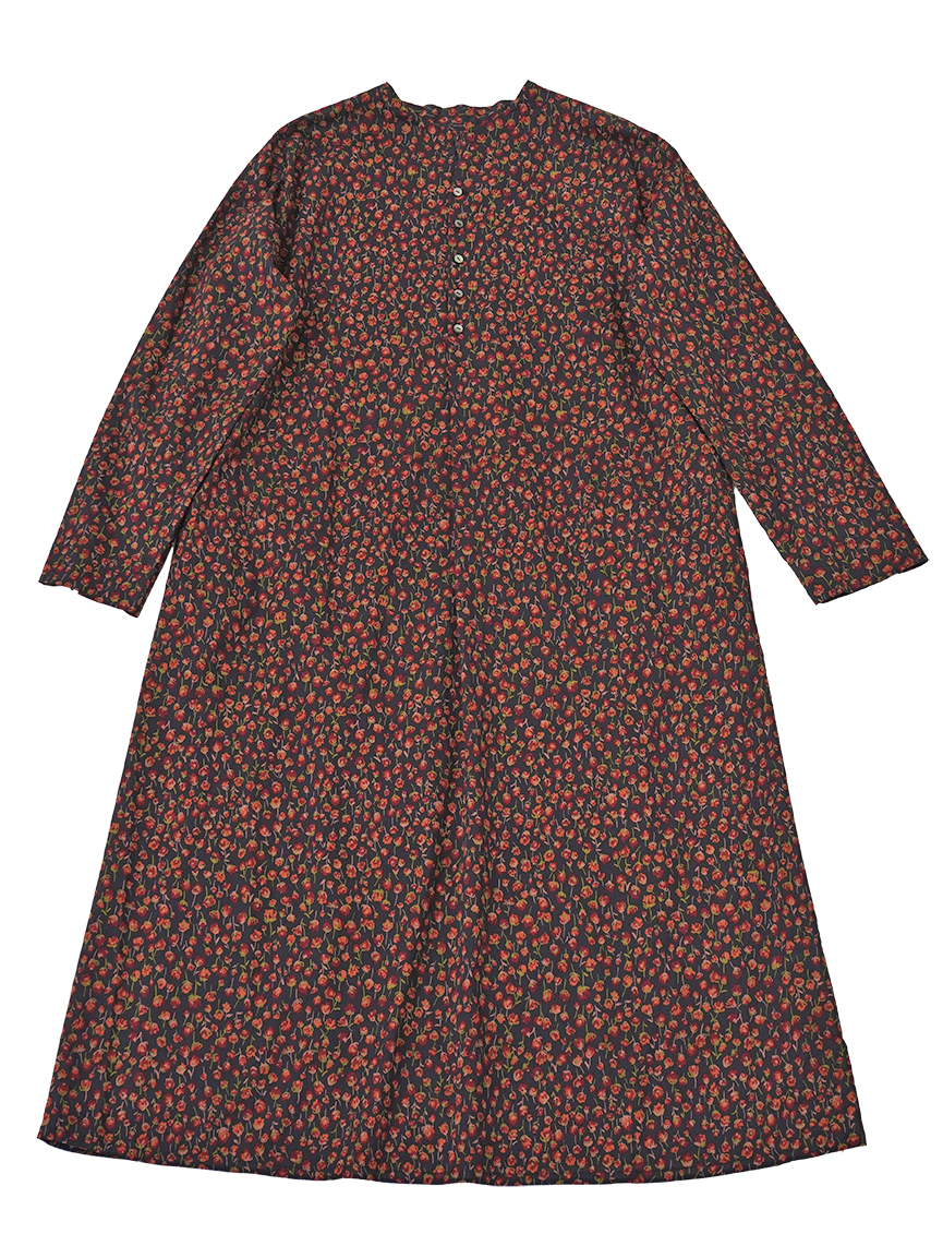 60／－ローン群菊柄 ボトル襟ワンピース