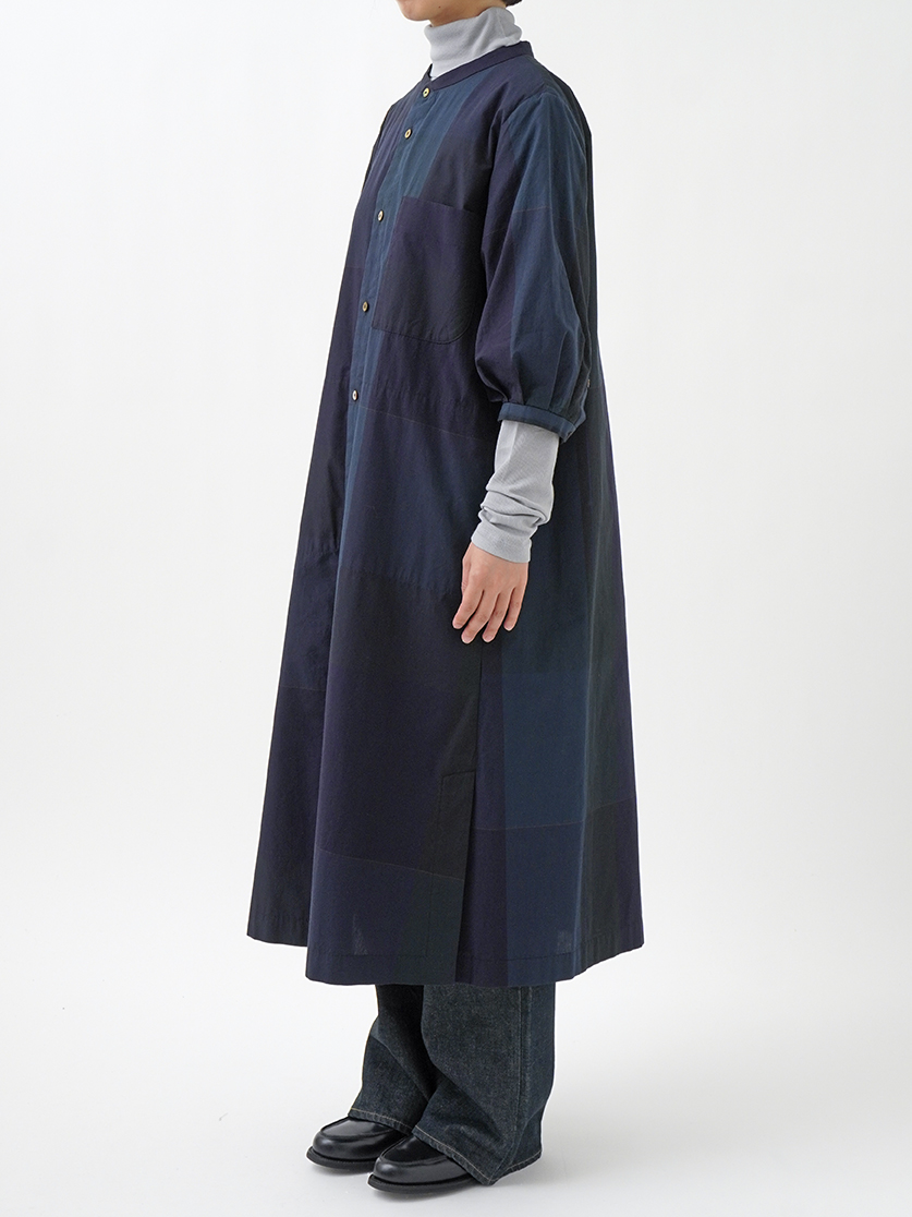 60／1スーピマタイプライターチェック スタンド襟ワンピース