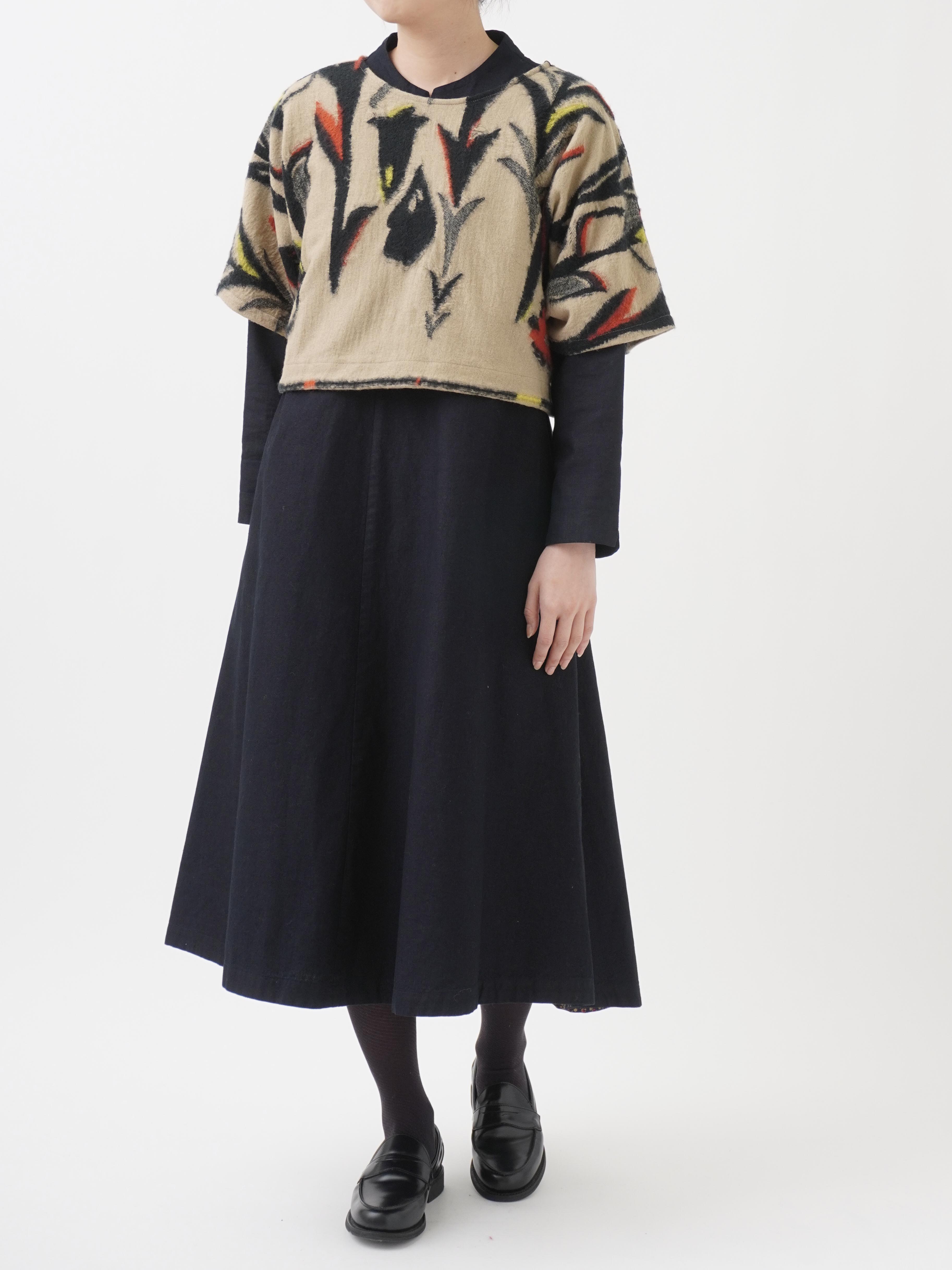 16／－インディゴ平織 ボトル襟フレアワンピース