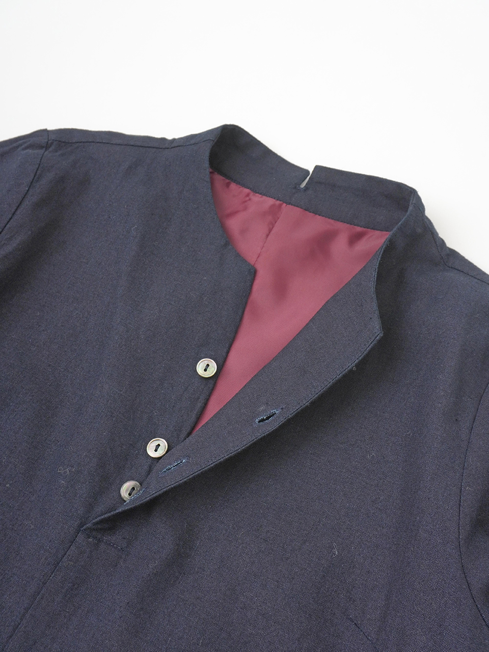 16／－インディゴ平織 ボトル襟フレアワンピース