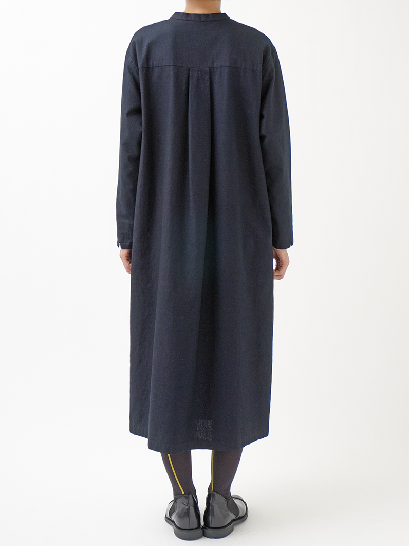 16／－インディゴ平織 スタンド襟ワンピース