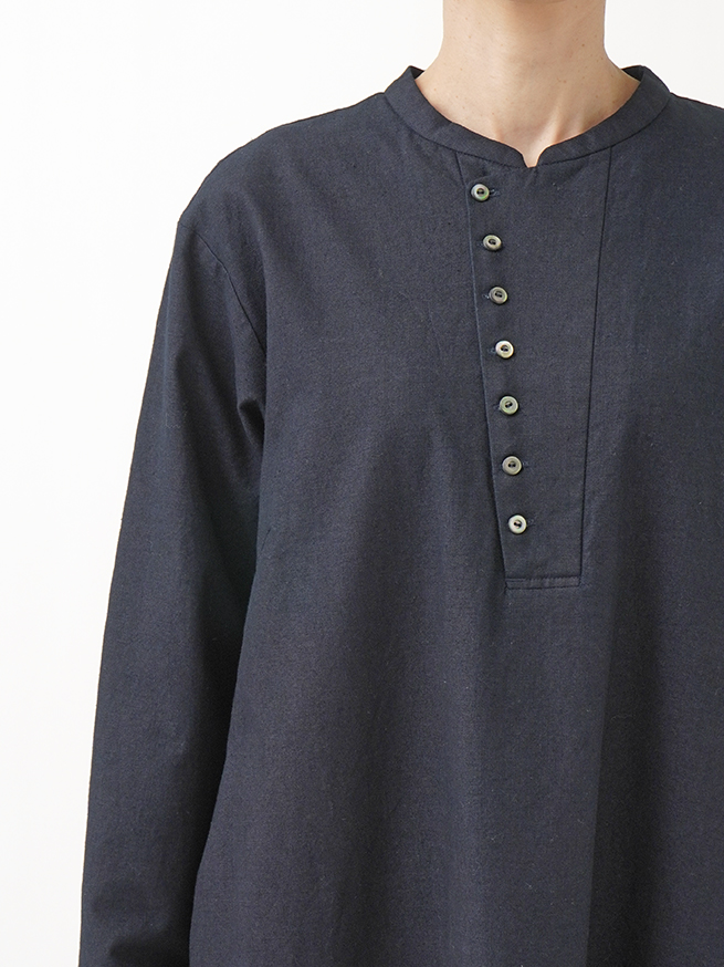 16／－インディゴ平織 スタンド襟ワンピース