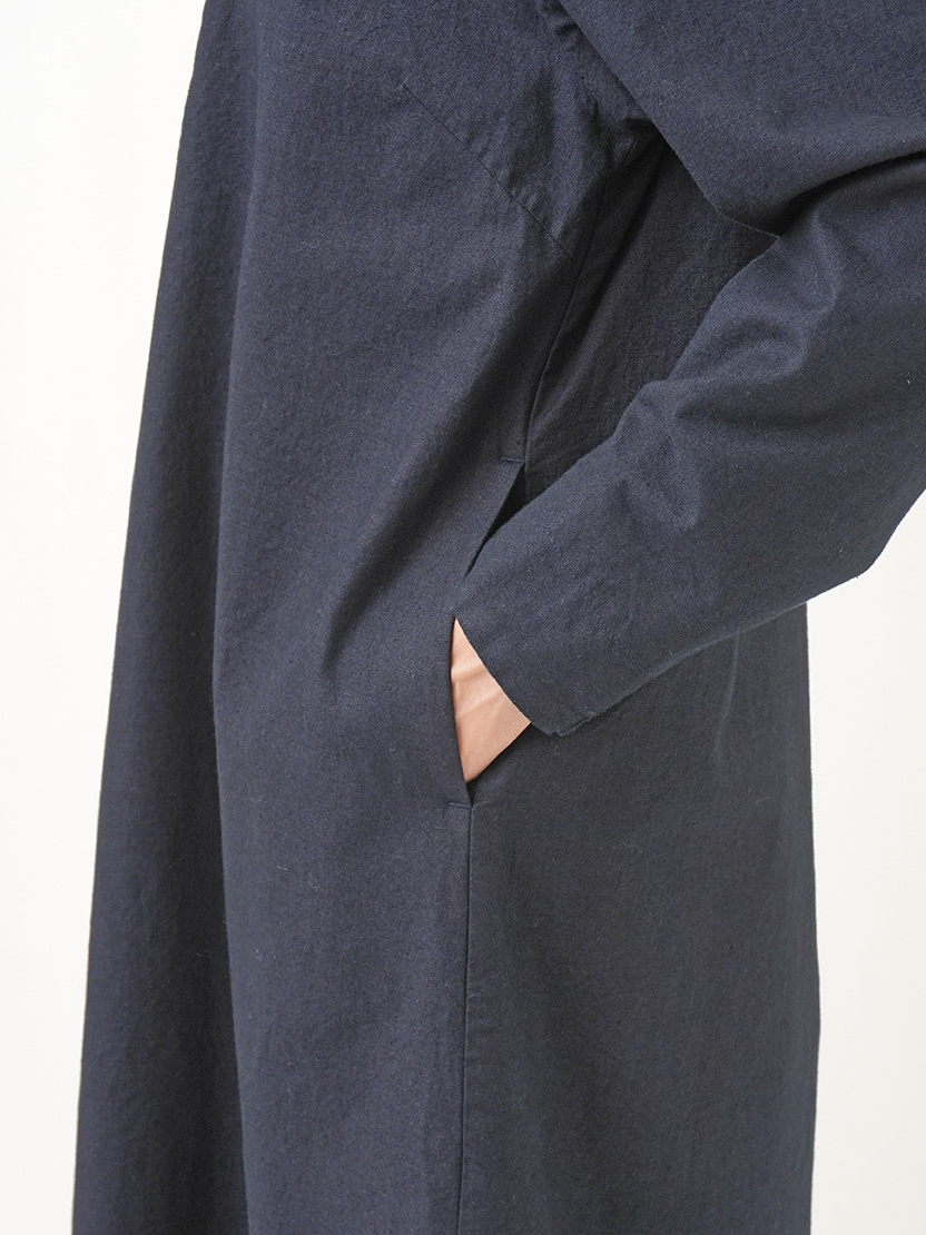 16／－インディゴ平織 スタンド襟ワンピース