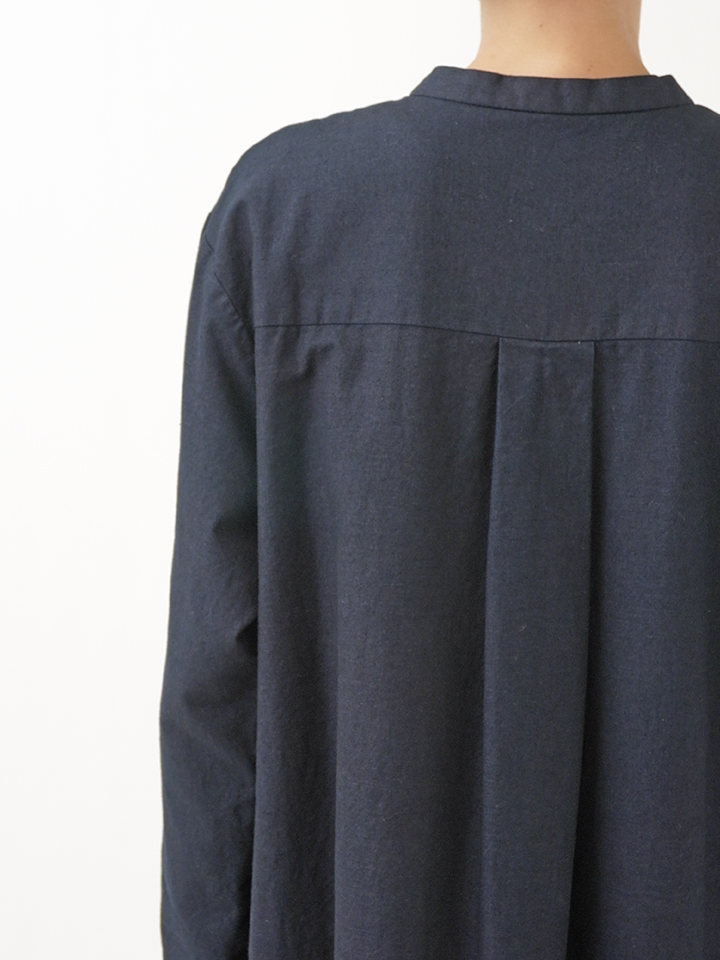 16／－インディゴ平織 スタンド襟ワンピース