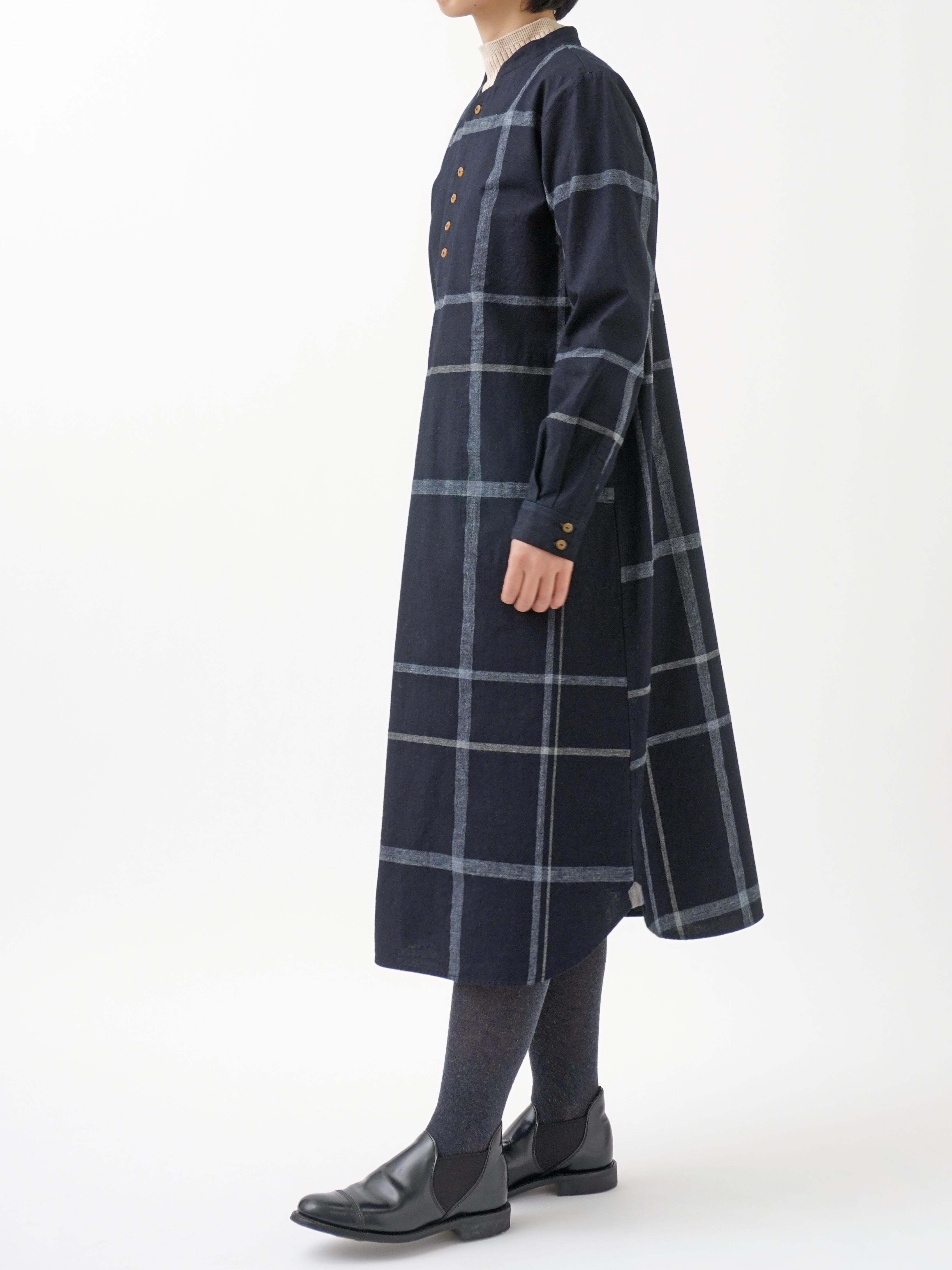 16／－インディゴ×19／－ラフィウールペンチェック ワンピース