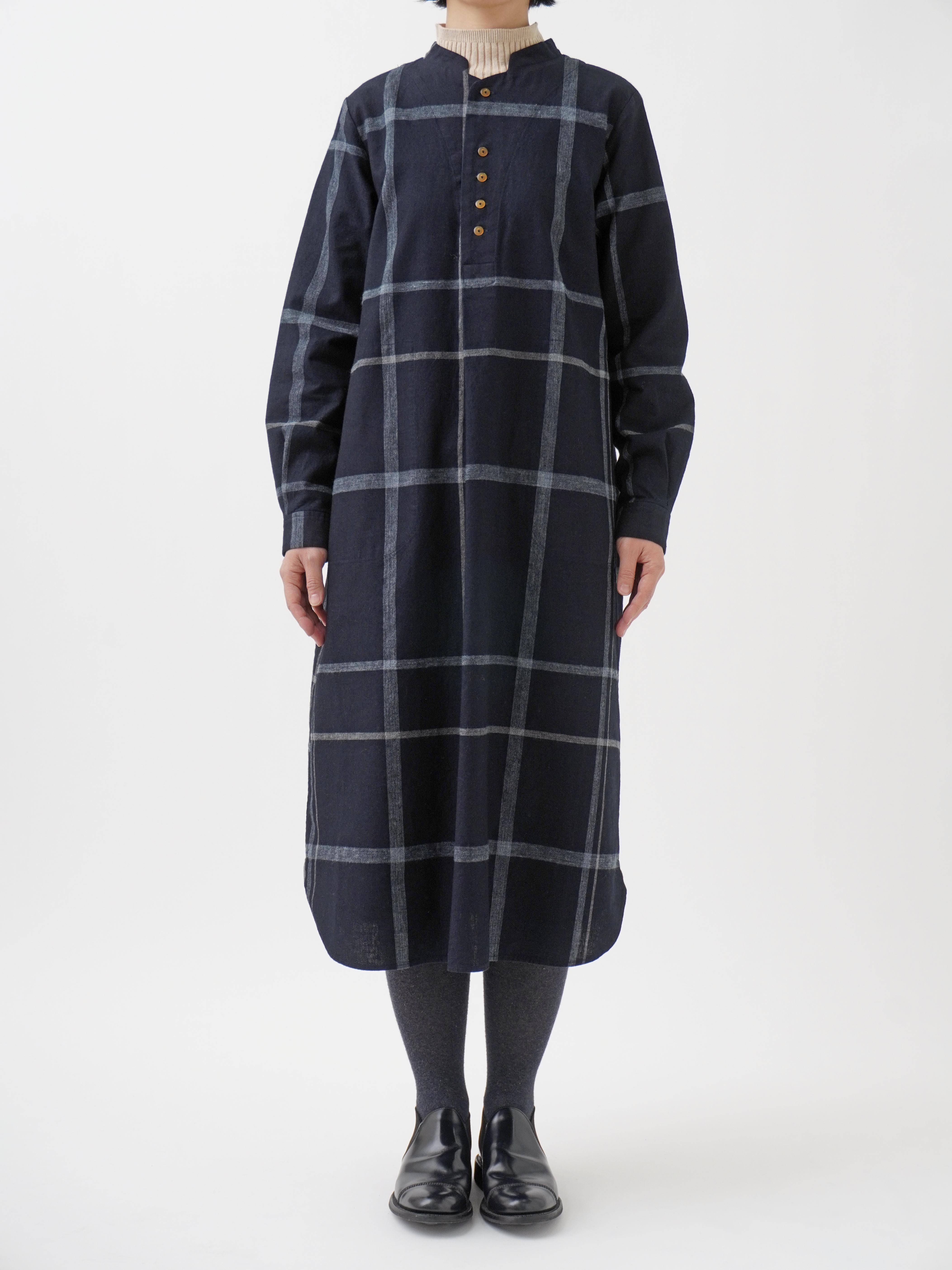 16／－インディゴ×19／－ラフィウールペンチェック ワンピース