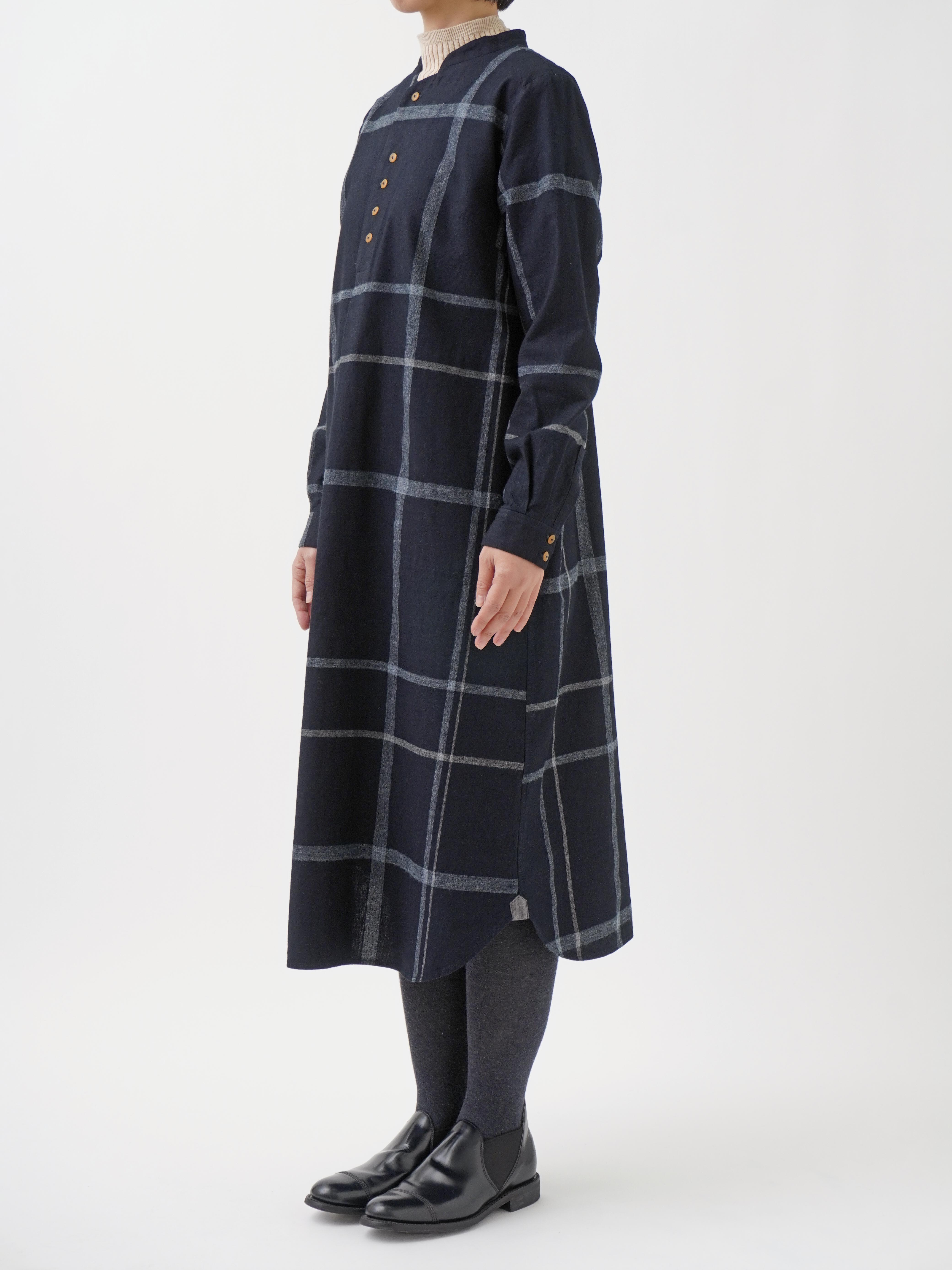 16／－インディゴ×19／－ラフィウールペンチェック ワンピース