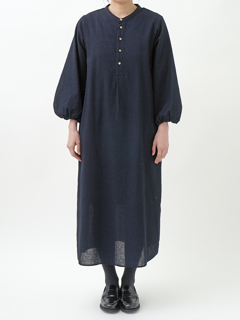16／－インディゴガーゼ バルーン袖ワンピース