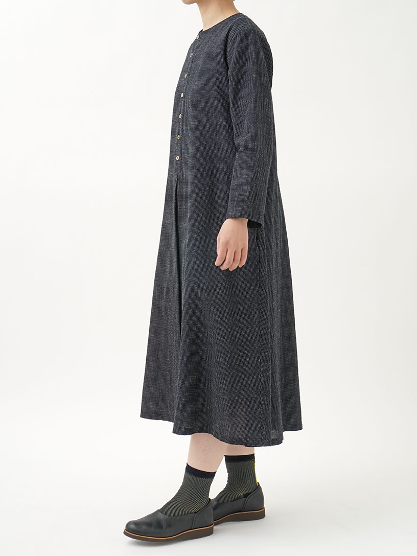 16／－インディゴガーゼ点猫ドット フレアワンピース