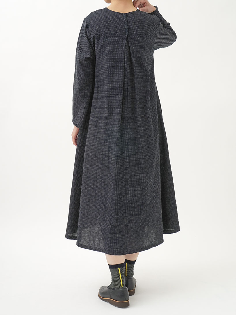 16／－インディゴガーゼ点描ドット フレアワンピース