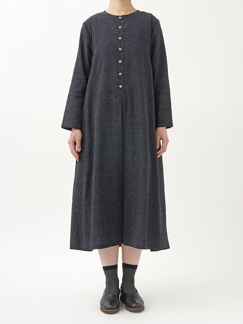 16／－インディゴガーゼ点猫ドット フレアワンピース