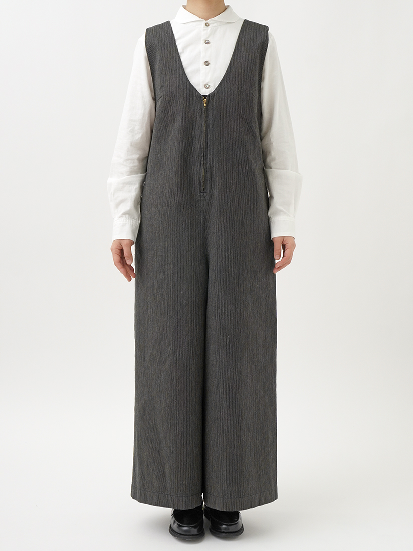 16／－インディゴヒッコリー フロントファスナーオールインワン