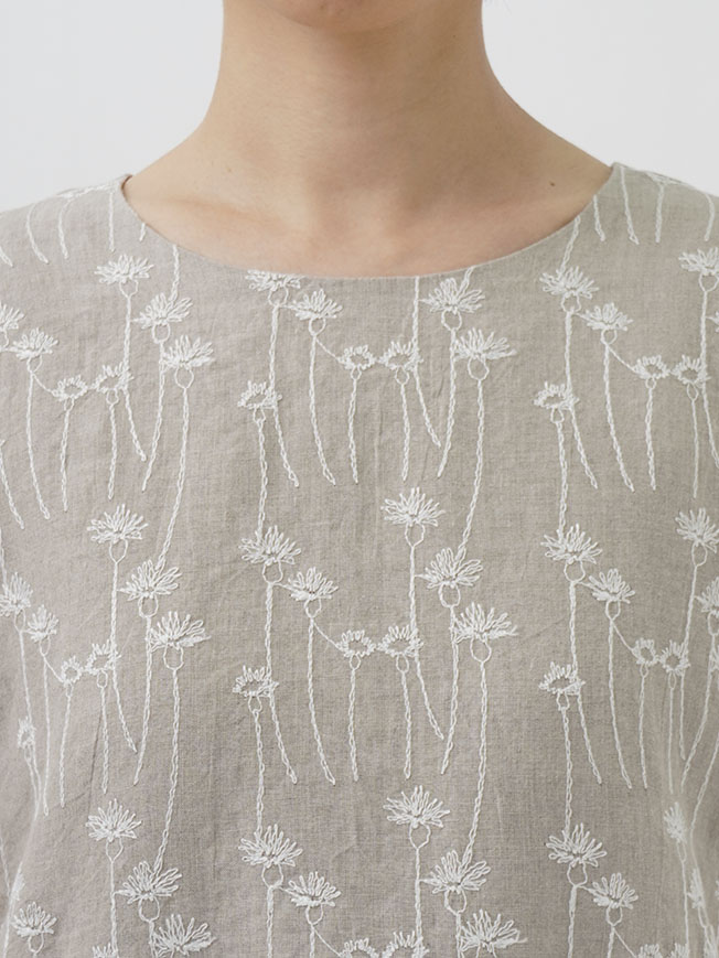 60リネンあざみ柄刺繍 バレルワンピース