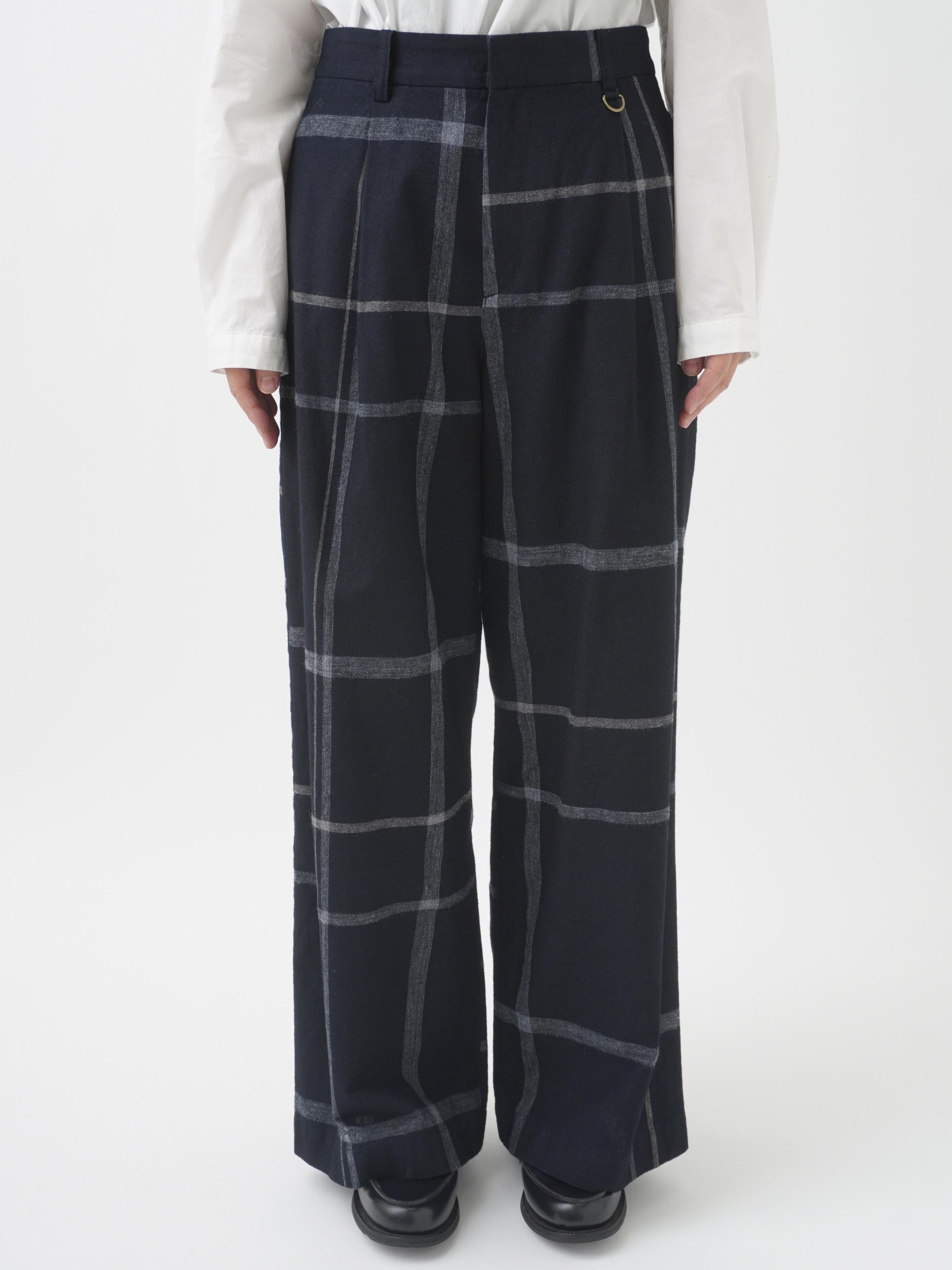 16／－インディゴ×19／－ラフィウールペンチェック パンツ