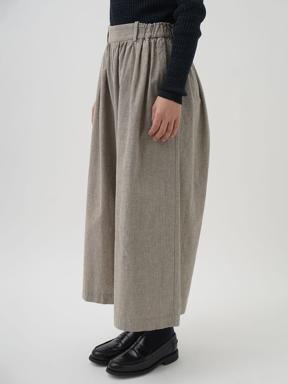 19／－ラフィウールシャンブレー ギャザーキュロットパンツ