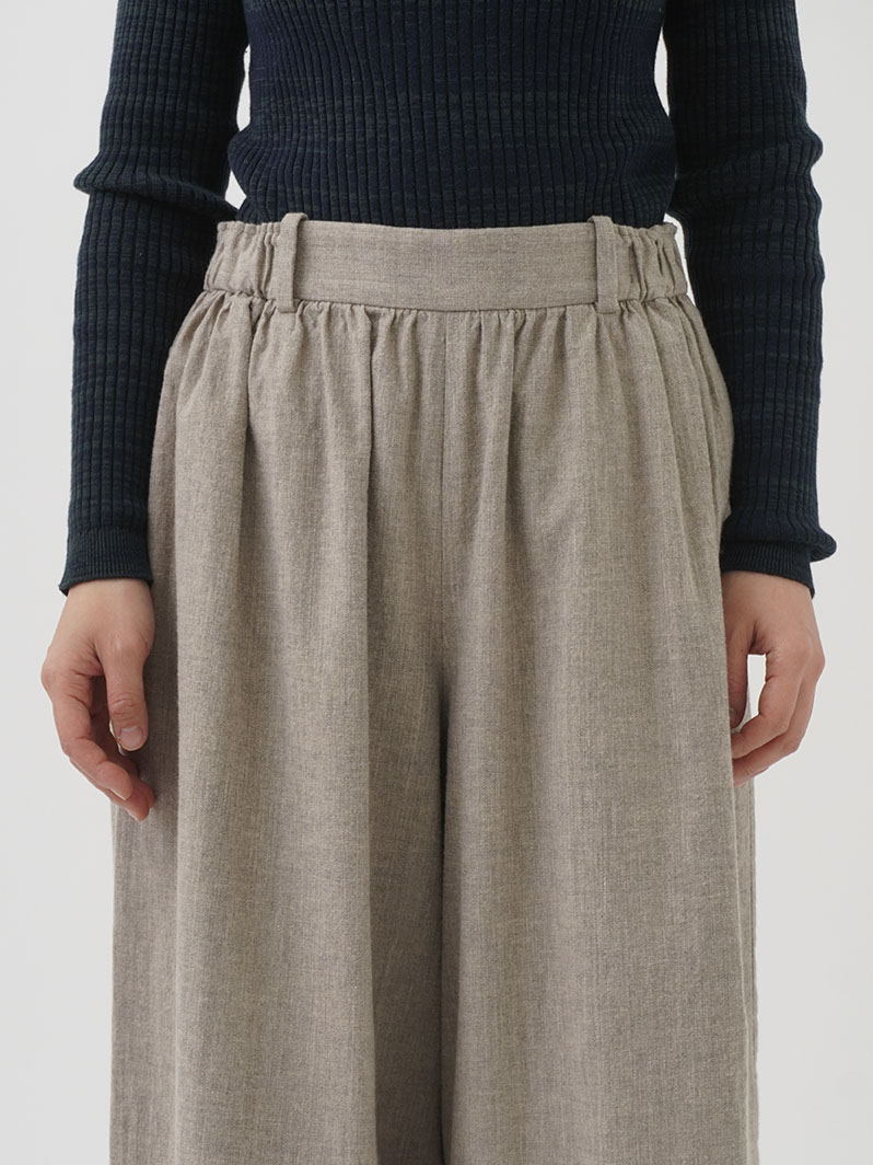 19／－ラフィウールシャンブレー ギャザーキュロットパンツ