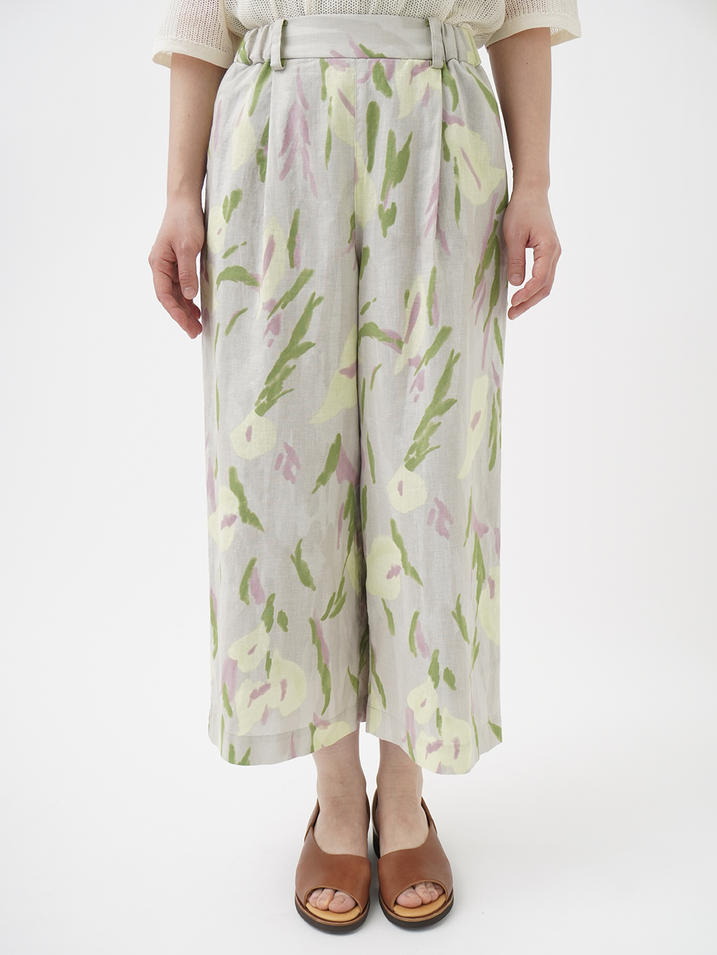 Plantation　リネン100%　パンツ　日本製　柄物　　 　 花柄 コットンリネンシーチング茗荷の花柄 タックパンツ