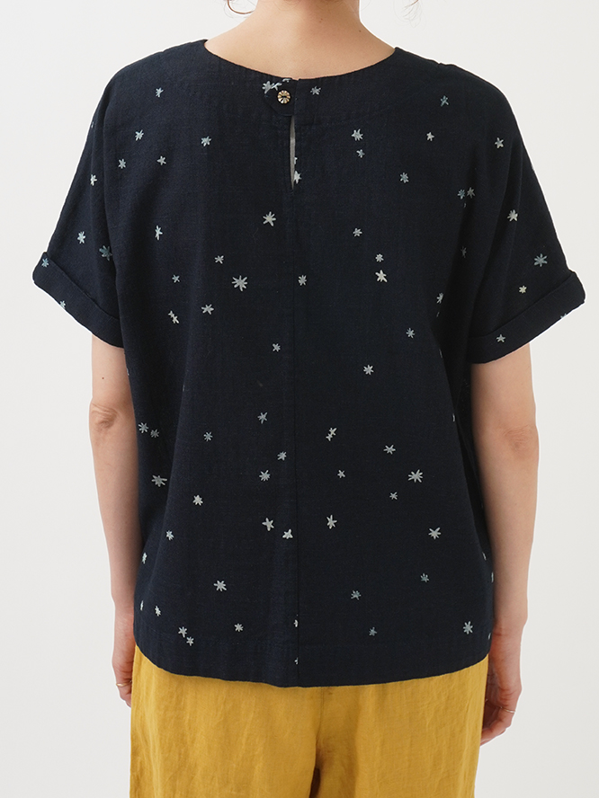 ちゃりんこ様オーダー 16／－インディゴガーゼ金平糖柄 V襟プルオーバーシャツ