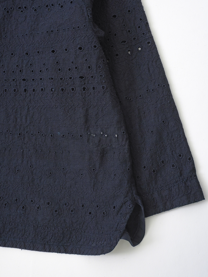38．5／－インディゴガーゼ月宵柄刺繍 帯襟8分袖シャツ