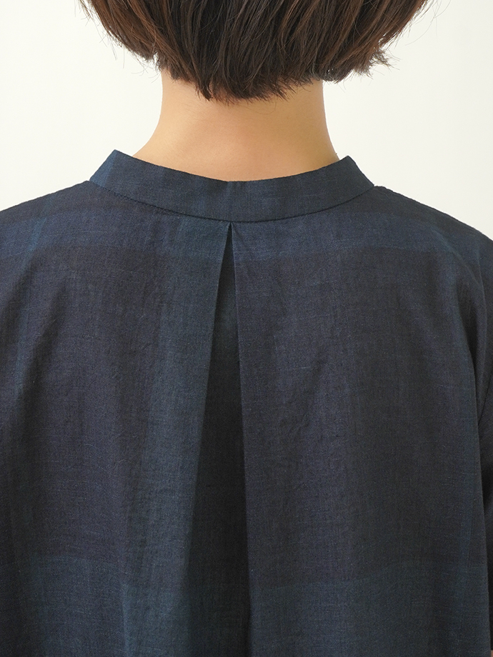 ⬛パラスパレス38.5ーインディコスタンド襟シャツ未使用 38．5／－インディゴガーゼチェック スタンド襟半袖シャツ