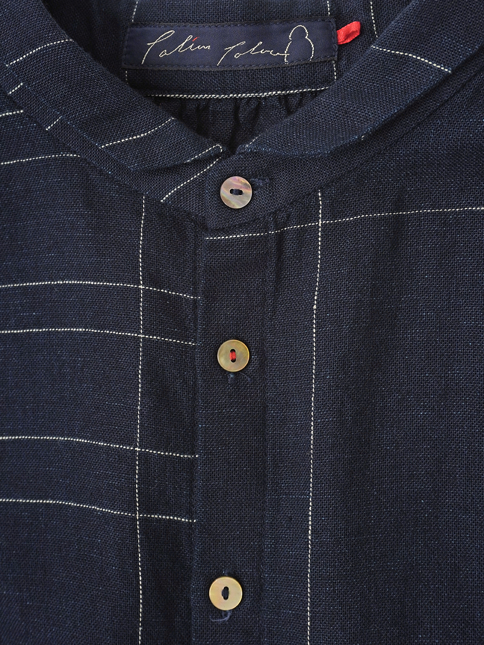 16／－インディゴガーゼペンチェック ちびウィング襟長袖シャツ