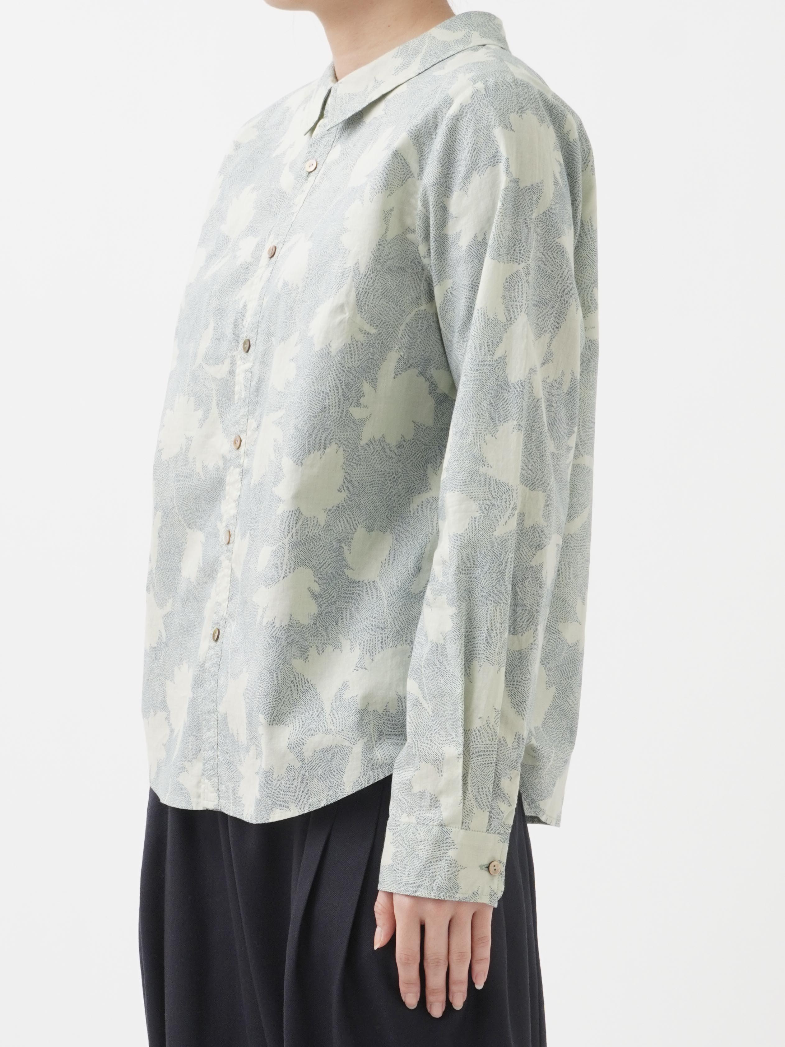 60／－ローン石蕗柄 オフネックワイド襟シャツ