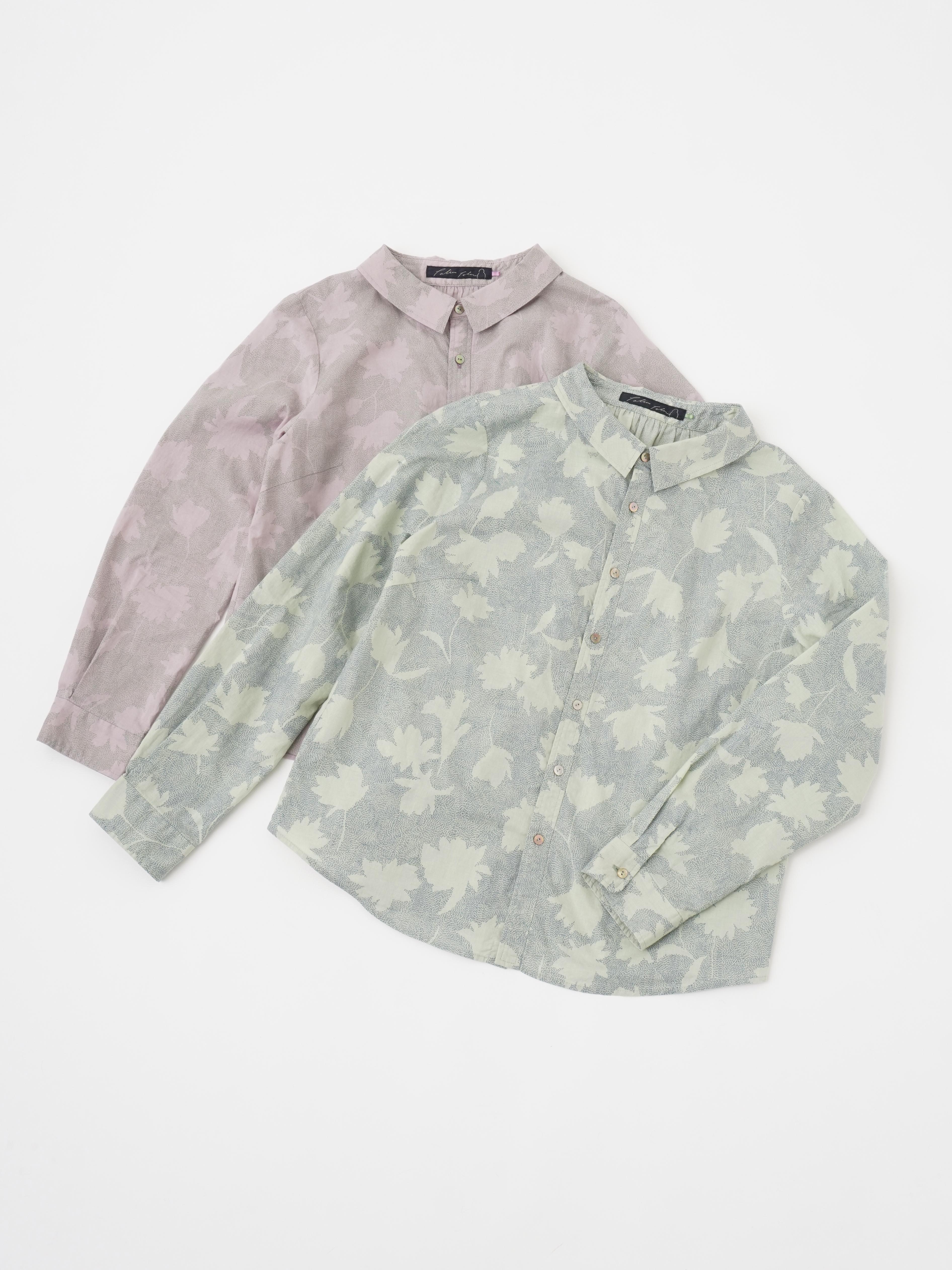 60／－ローン石蕗柄 オフネックワイド襟シャツ