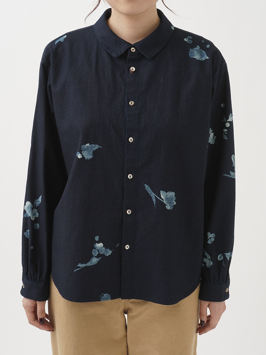 iroiro群青　インディゴシャツ/羽織り/カーデ オンライン限定】16／－インディゴ平織 野山柄 ワイド襟