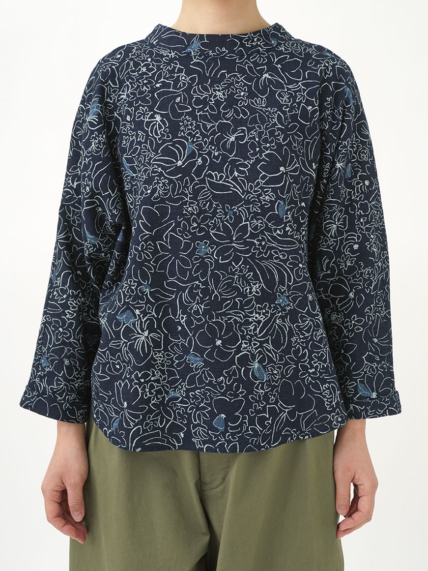 16／－インディゴガーゼふふむ柄 オフスタンド襟シャツ