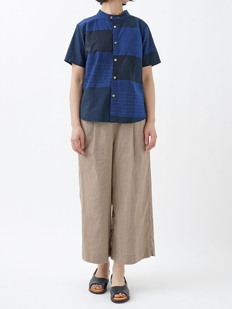 パラスパレス 40/-✕38.5／ー インディゴ ローンチェック 半袖 シャツ 40／－×38．5／－インディゴローンチェック 半袖シャツ