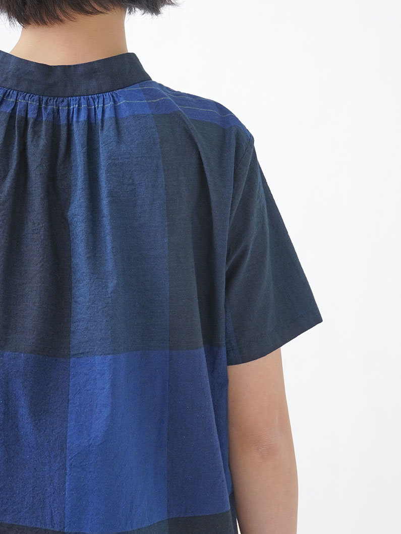 パラスパレス 40/-✕38.5／ー インディゴ ローンチェック 半袖 シャツ 40／－×38．5／－インディゴローンチェック 半袖シャツ