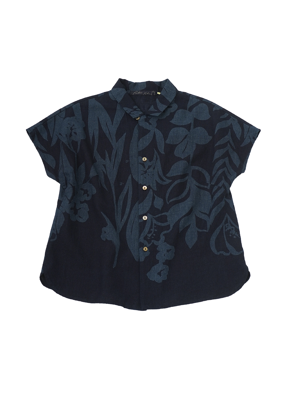 １６／－インディゴガーゼ　みなみ風柄　オープン襟シャツ