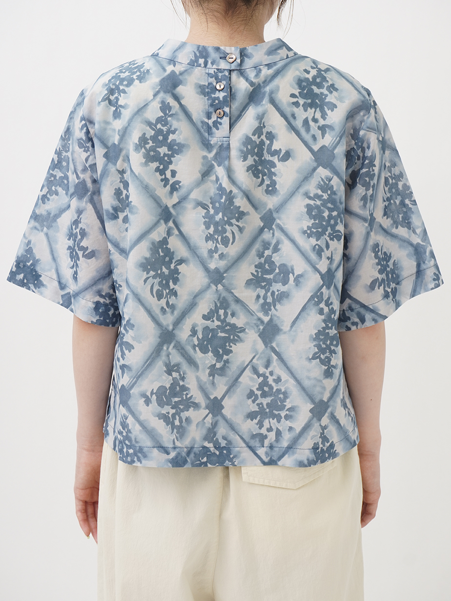 80／－ローン八仙花柄 オフスタンド襟プルオーバーシャツ