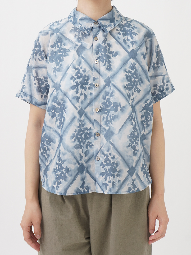 80／－ローン八仙花柄 レギュラー襟シャツ