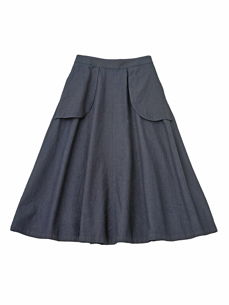 16／－インディゴ平織 ふらしポケットフレアスカート